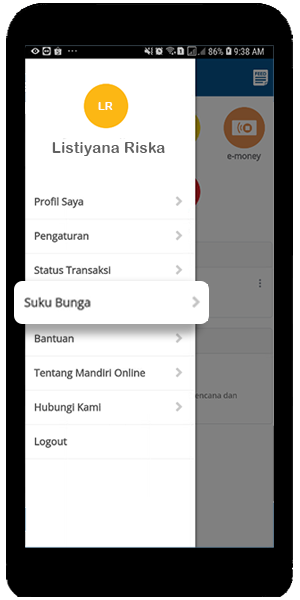 mandiri online app menu kiri atas pilih suku bunga