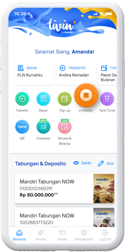 mandiri online app home menu e-money